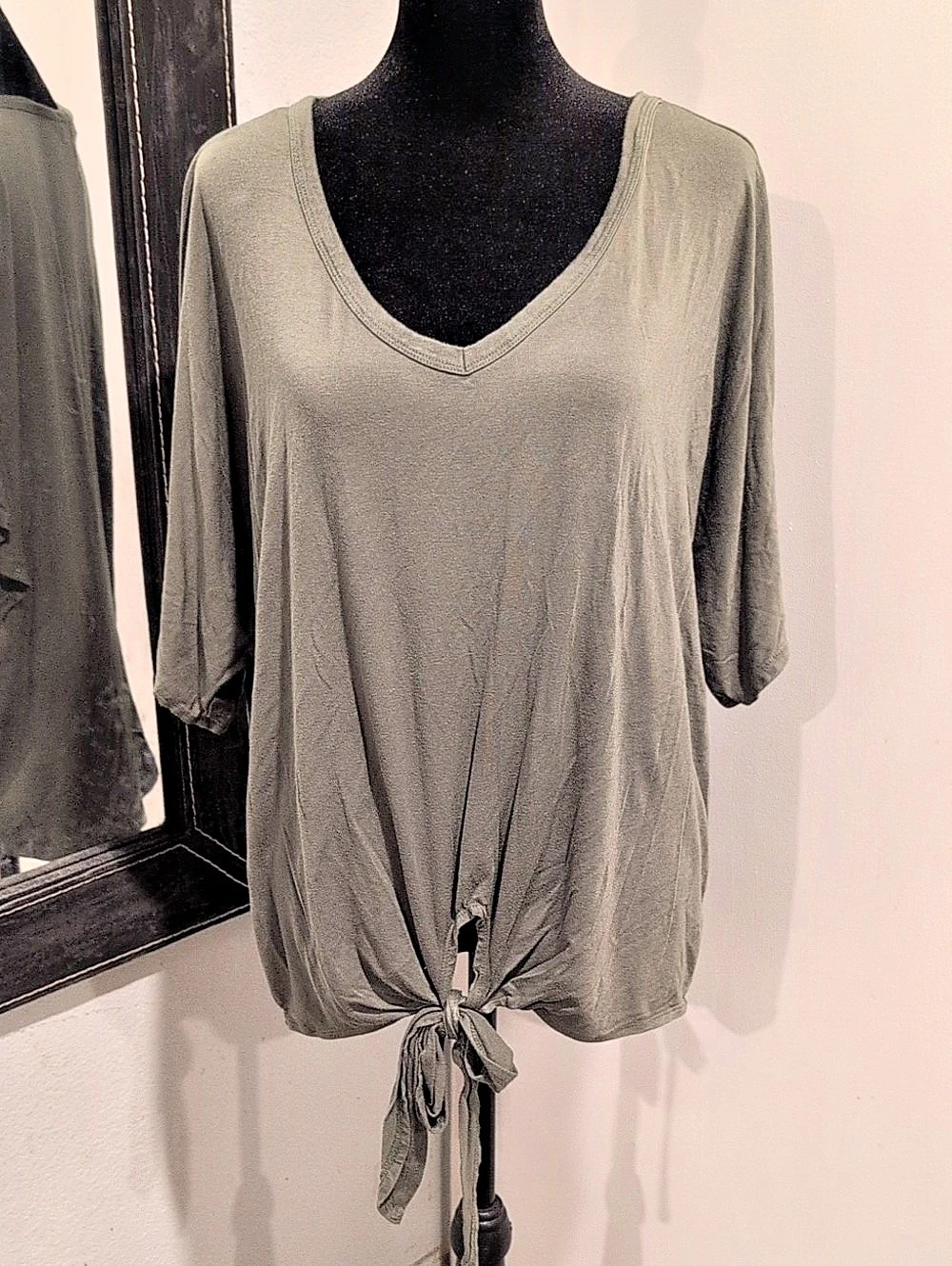 Zenana Small Olive Green V Neck Tie Front Top Short Sleeve Casual Boho